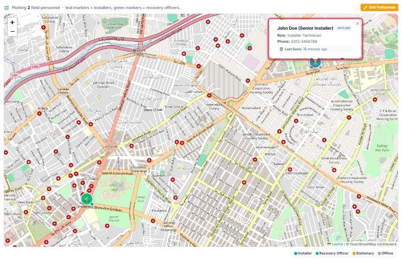 Real myisphub screenshot: the Live Staff Tracking map plotting real field staff on OpenStreetMap, with a staff detail popup open